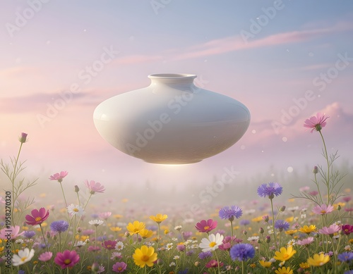 Surreal Silliness : A serene artistic image features a floating ceramic vase amidst a vibrant flower field under a dreamy sky, perfect for creative projects.