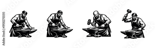 Blacksmith silhouette vector illustrations, craftsman at anvil, vintage style