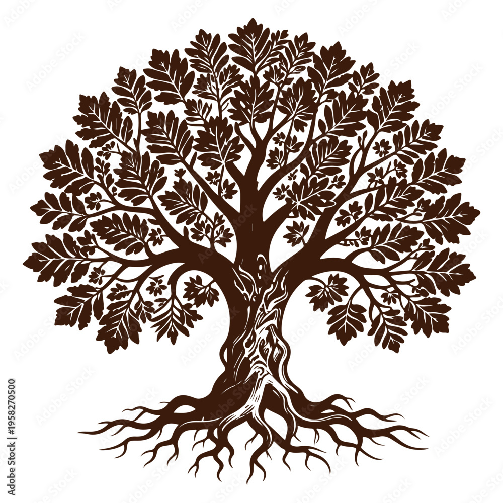 Obraz premium Vintage Black and White Linocut Rooted Oak Tree Art