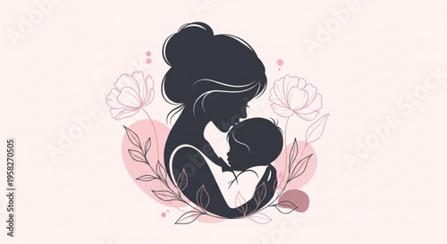 Mother and child embracing surrounded by flowers and leaves in a heartwarming illustration of love and care
