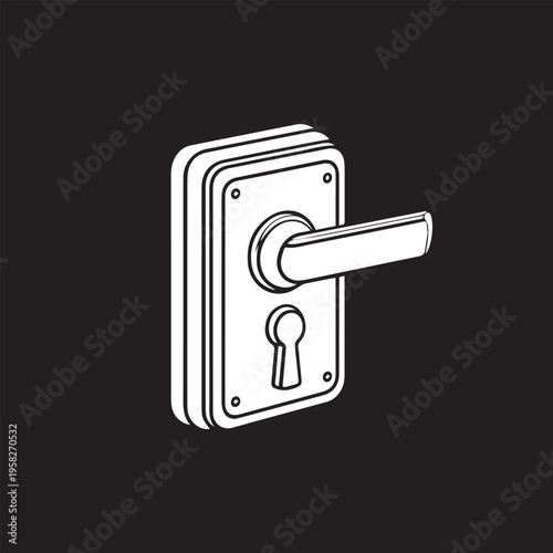 Minimalist black and white door lock icon with lever handle isolated on white