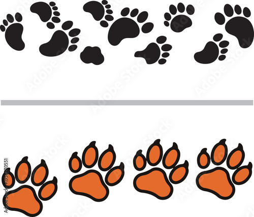 This vector set features a border of black, varying primate or Bigfoot footprints along the top and a row of four detailed orange animal paw prints with black claws along the bottom.