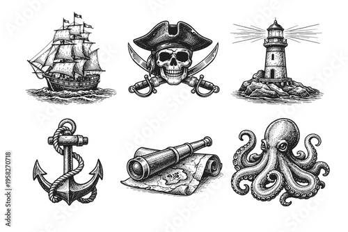 Vintage nautical engravings set in black and white classic illustration style with sailing ship lighthouse treasure chest anchor and sea map