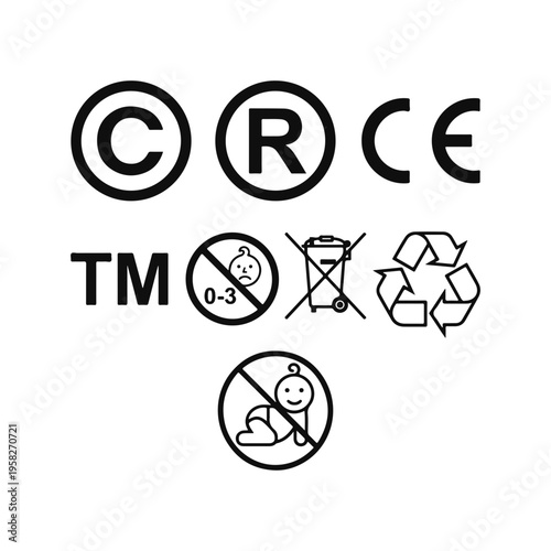 Copyright Registered CE TM Recycling Baby Warning Icon Set Vector Packaging Symbol