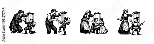 Black and white vintage vector illustrations of puppet masters and marionettes in classic attire