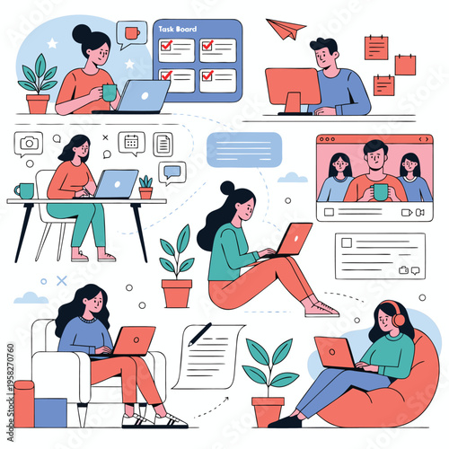 Remote work and online collaboration concept graphic design