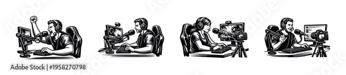 Black and white vector illustrations of podcasters and streamers recording content with microphones and cameras