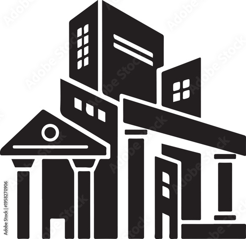 A black and white illustration of a building complex