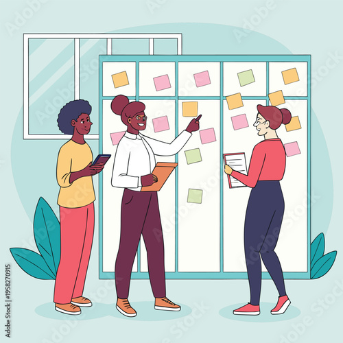 Three colleagues collaborating with sticky notes on board