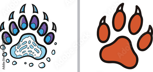 Vector graphic comparing two paw prints: a detailed blue and purple bear track on the left with icy texture and snow, and a stylized solid orange canine paw print on the right.