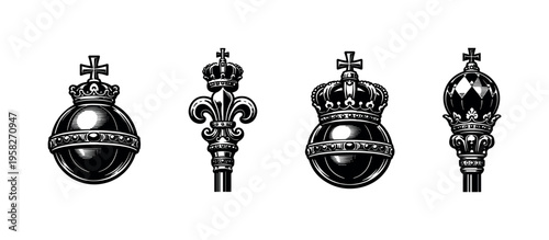 Black and white vector illustration of ornate crown and scepter elements silhouette for royal design
