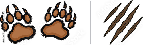 Vector illustration featuring two detailed brown bear paw prints with sharp claws on the left and three diagonal brown claw scratch marks or gashes on the right.