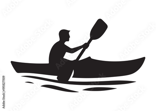 paddling kayak  logo silhouette vector, canoe lake log silhouette illustration, kayak boat silhouettes logo, kayak silhouette logo, canoeing and kayaking logo silhouette design on white background