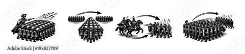 Ancient roman legion military formation vector illustration, black and white historical silhouette