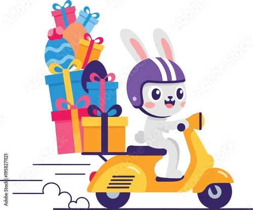 Cute cartoon bunny riding scooter with colorful presents on back for easter