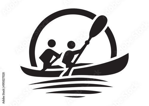 paddling kayak  logo silhouette vector, canoe lake log silhouette illustration, kayak boat silhouettes logo, kayak silhouette logo, canoeing and kayaking logo silhouette design on white background