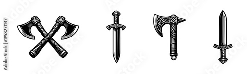 Viking axes and swords illustration, black and white vector, weapon silhouette elements
