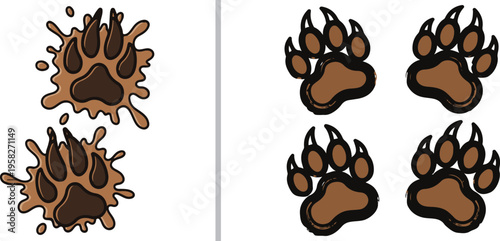 Vector illustration featuring two dark brown bear paw prints with mud splatter on the left, and a neat grid of four detailed brown bear prints with sharp claws on the right.