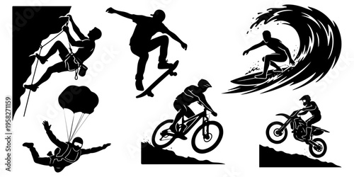 Extreme sports and active lifestyle black silhouettes set. Athlete action poses including surfing, climbing, skateboarding, motocross, and skydiving isolated
