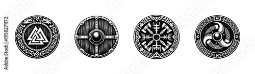 Vector illustration of four viking shields with intricate designs in black and white
