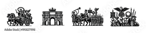 Ancient roman iconography vector illustration silhouette featuring chariot soldiers and architecture