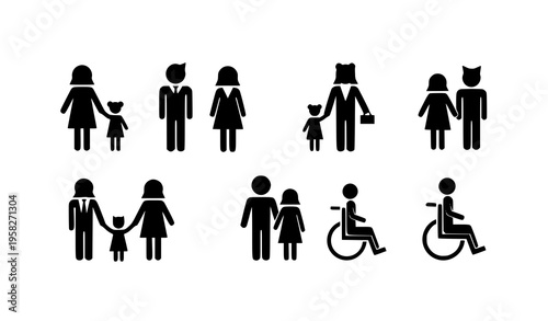 Diverse people silhouettes icon set with family individuals and wheelchair accessibility vector collection