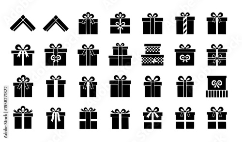 Gift box silhouettes icon set with ribbon bow and present variations flat vector collection