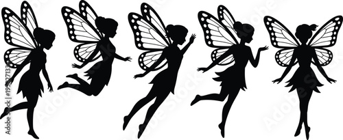 Fairy silhouette set, magical winged characters, flying poses, fantasy illustration, enchanted female figures, isolated black vector design collection, whimsical art
