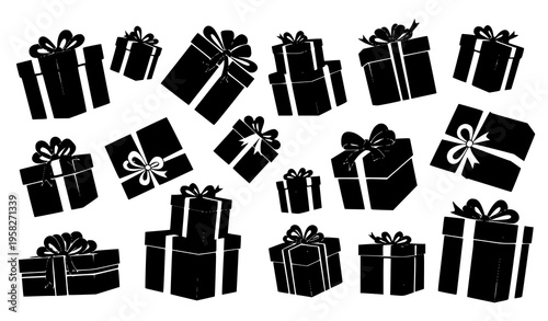 Gift box silhouettes with ribbon and bow dynamic present collection black and white vector illustration