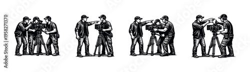 Filmmakers operating camera equipment silhouette vector, crew of directors and cameramen, black and white illustration
