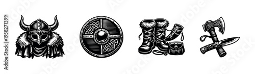 Viking warrior elements illustration, including helmet, shield, boots, and weapons, black and white vector art