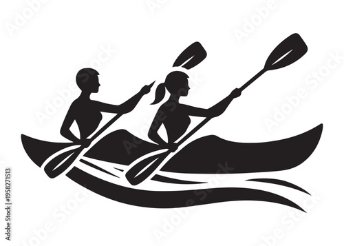 paddling kayak  logo silhouette vector, canoe lake log silhouette illustration, kayak boat silhouettes logo, kayak silhouette logo, canoeing and kayaking logo silhouette design on white background