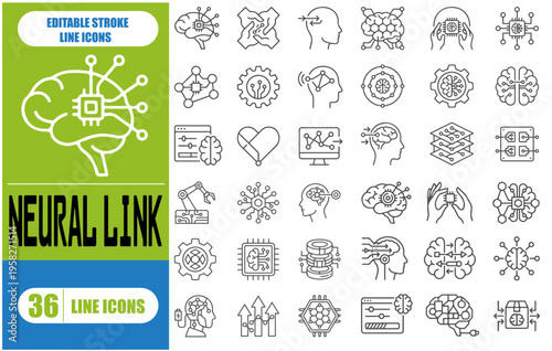 Neural Link Interface Icons: Human-Machine Brain Connection and Neuro technology Vector Line Art Set for Cybernetic Innovation