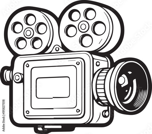 Minimalist black and white film camera icon isolated on white background