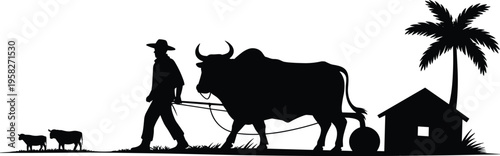 Farmer plowing field with ox silhouette rural village scene agriculture lifestyle traditional farming countryside landscape house palm tree illustration