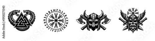 Viking themed black and white vector illustrations featuring norse symbols helmets and runes