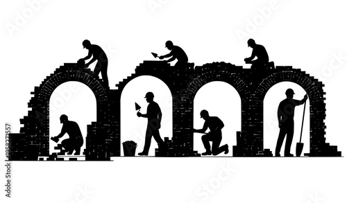 Bricklayers working on archways silhouettes construction workers building brick arches vector illustration