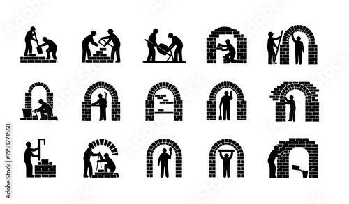 Construction worker silhouettes icon set with bricklayers building arches masonry vector collection