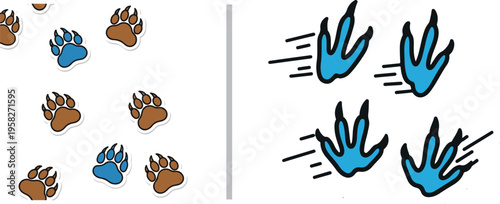 Vector graphic comparing animal tracks: the left side displays a pattern of blue and brown bear paw prints, while the right features blue bird or raptor tracks with motion lines.