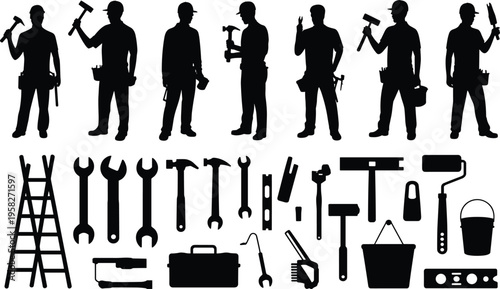 Construction worker silhouettes with tools set handyman equipment icons ladder hammer wrench toolbox repair industry illustration collection design