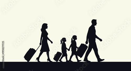 Family traveling, parents with kids walking, luggage silhouettes, travel icons, family vacation