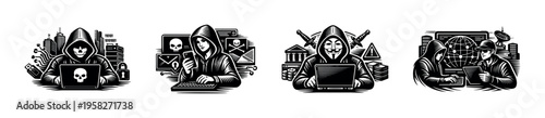 Hacker themed black and white vector illustrations of anonymous figures with laptops and technology elements