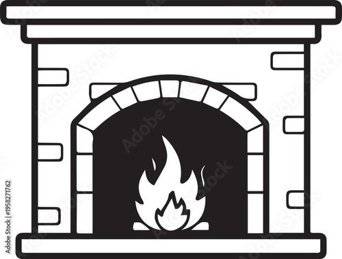 Minimalist black and white fireplace icon with burning flames isolated on white