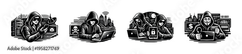 Hacker figures in hoodies using laptops and tablets in vector illustration style silhouettes
