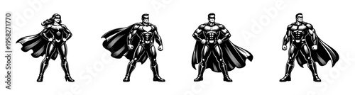 Superhero vector illustration set, black and white silhouette, comic style characters