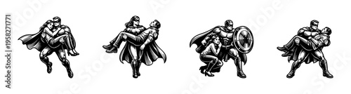 Superhero rescue illustrations, heroic characters in vector silhouette style