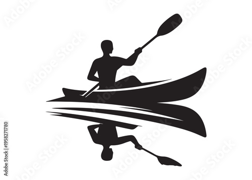 paddling kayak  logo silhouette vector, canoe lake log silhouette illustration, kayak boat silhouettes logo, kayak silhouette logo, canoeing and kayaking logo silhouette design on white background