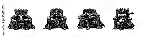 Fantasy character silhouettes in thrones black and white vector illustration