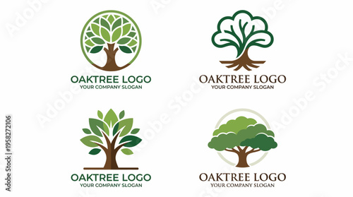 A collection of stylish oaktree logo designs showcasing distinct styles and aesthetics, perfect for conveying nature themes in branding or eco-friendly businesses.