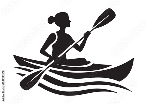 paddling kayak  logo silhouette vector, canoe lake log silhouette illustration, kayak boat silhouettes logo, kayak silhouette logo, canoeing and kayaking logo silhouette design on white background